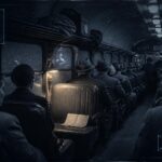 An empty bus seat with a coat, suitcase, and open timetable, surrounded by unaware passengers, December 1, 1949
