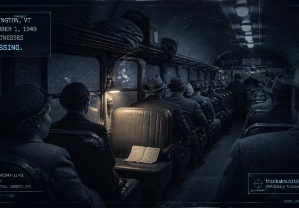 An empty bus seat with a coat, suitcase, and open timetable, surrounded by unaware passengers, December 1, 1949