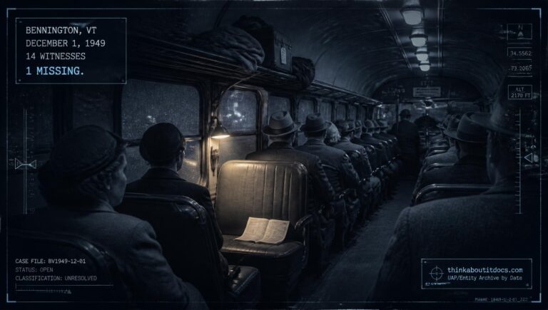 An empty bus seat with a coat, suitcase, and open timetable, surrounded by unaware passengers, December 1, 1949