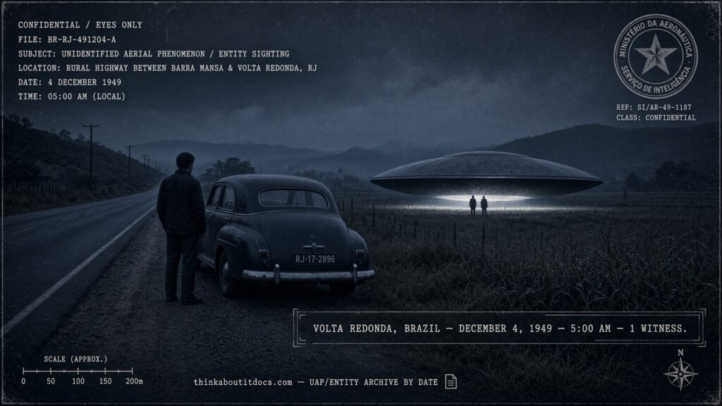 A young man beside his car facing a landed disc and two humanoid figures on a Brazilian highway before dawn, December 4, 1949