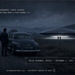 A young man beside his car facing a landed disc and two humanoid figures on a Brazilian highway before dawn, December 4, 1949