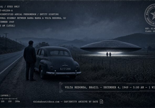A young man beside his car facing a landed disc and two humanoid figures on a Brazilian highway before dawn, December 4, 1949