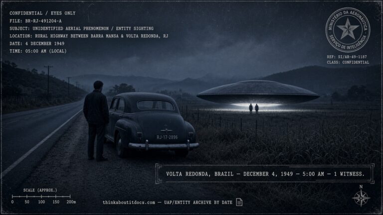 A young man beside his car facing a landed disc and two humanoid figures on a Brazilian highway before dawn, December 4, 1949