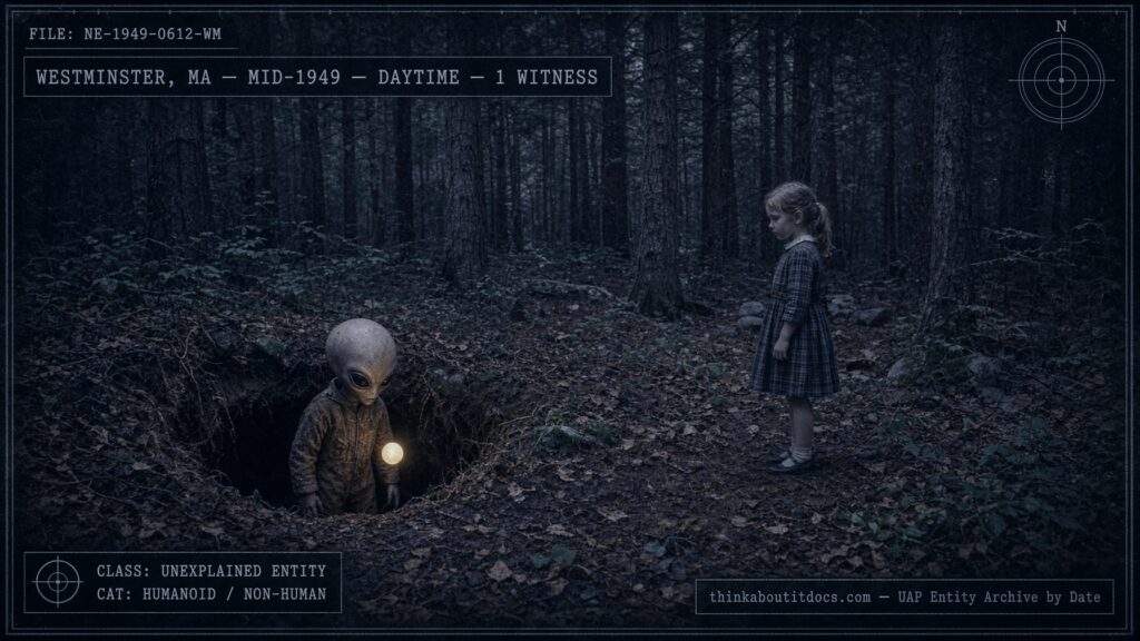 A small humanoid being emerges from a hole in a forest floor near Westminster, Massachusetts, watched by a young girl, 1949