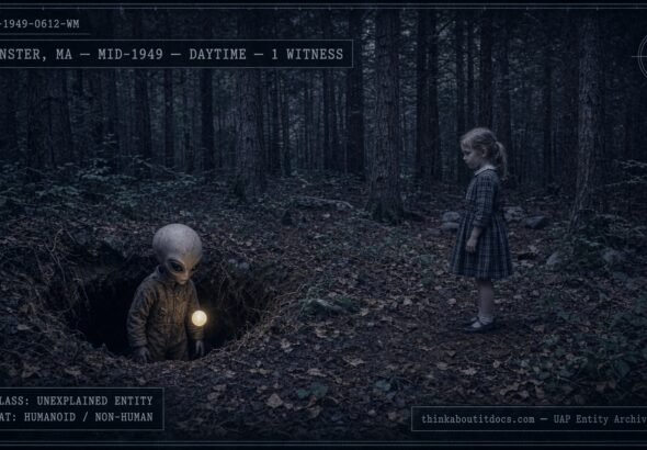 A small humanoid being emerges from a hole in a forest floor near Westminster, Massachusetts, watched by a young girl, 1949