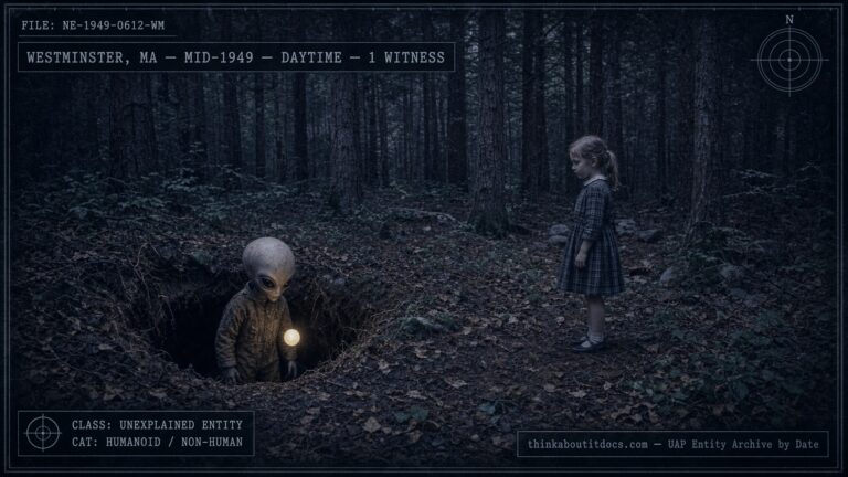 A small humanoid being emerges from a hole in a forest floor near Westminster, Massachusetts, watched by a young girl, 1949