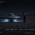 A lone man touches a landed saucer-shaped craft in the New Mexico desert at night near White Sands Proving Ground