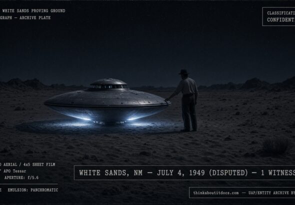 A lone man touches a landed saucer-shaped craft in the New Mexico desert at night near White Sands Proving Ground