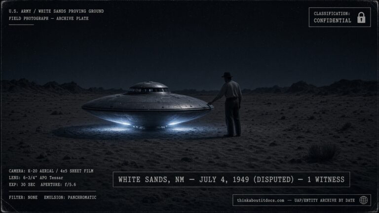 A lone man touches a landed saucer-shaped craft in the New Mexico desert at night near White Sands Proving Ground