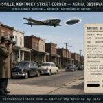 Newspaper photographer filming a disc-shaped object beside a DC-3 airliner over Louisville, Kentucky, June 1950