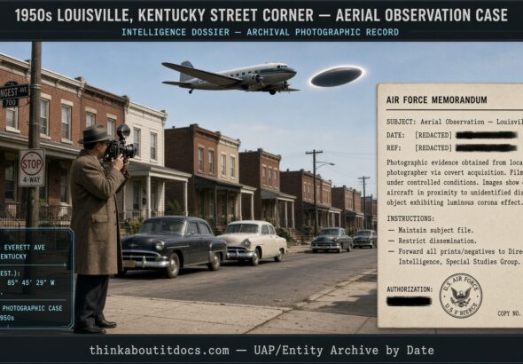 Newspaper photographer filming a disc-shaped object beside a DC-3 airliner over Louisville, Kentucky, June 1950