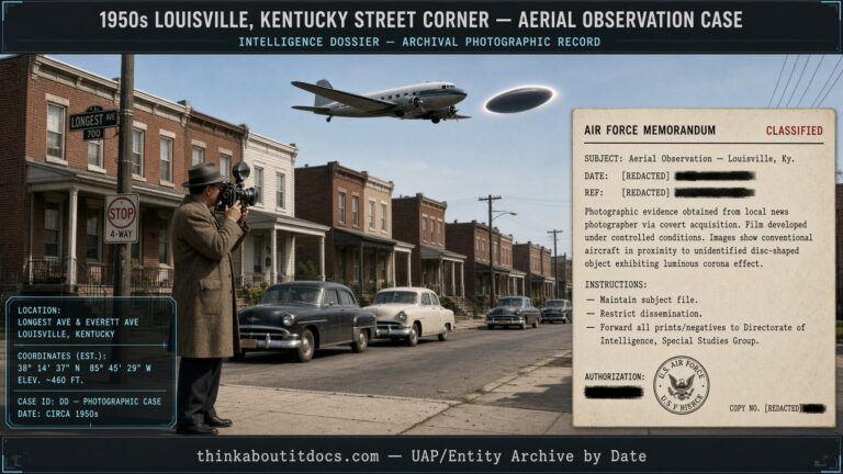 Newspaper photographer filming a disc-shaped object beside a DC-3 airliner over Louisville, Kentucky, June 1950