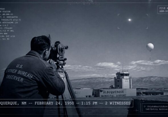 A Weather Bureau observer tracks an unidentified white object through a theodolite above Albuquerque, New Mexico, February 24, 1950