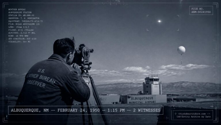 A Weather Bureau observer tracks an unidentified white object through a theodolite above Albuquerque, New Mexico, February 24, 1950