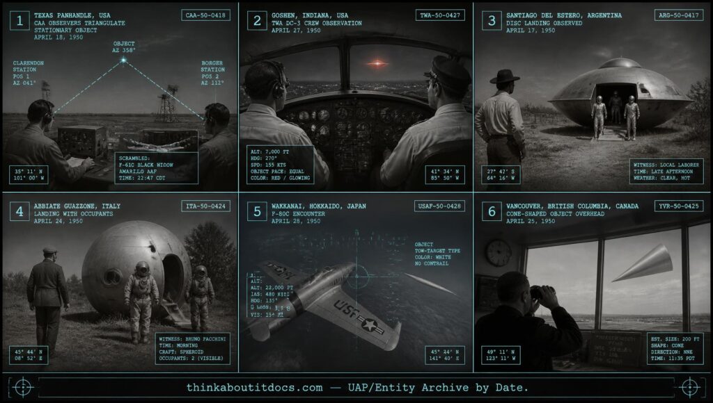 Six-panel collage of late April 1950 UFO sightings including the Memphis Texas intercept, TWA Flight 117, and the Bruno Facchini encounter