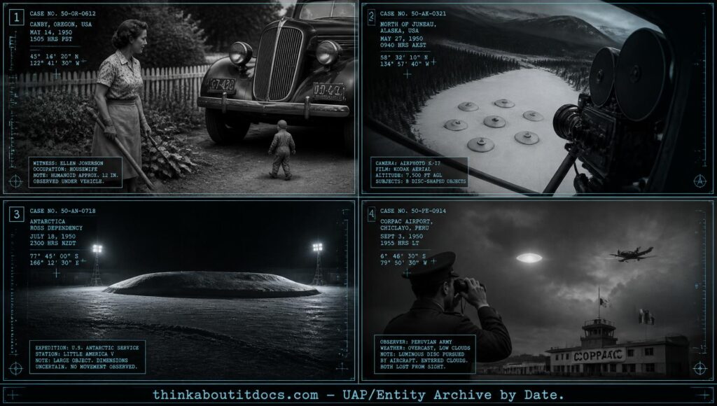 Four-panel collage of undated April 1950 UFO sightings including Canby Oregon, Juneau Alaska, and Antarctica