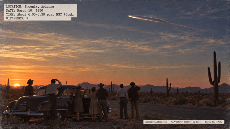 Illustration of seven people beside a car near Phoenix, Arizona watching a high aluminum-colored ovoid object at sunset on March 10, 1950