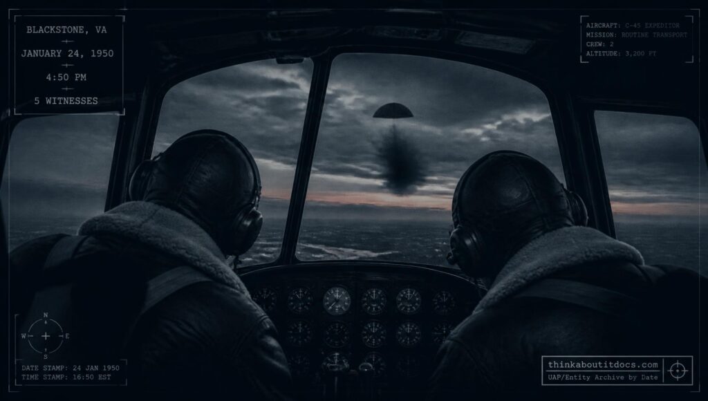 A dark hemispherical object seen from a C-45 transport aircraft cockpit near Blackstone, Virginia at dusk, January 24, 1950