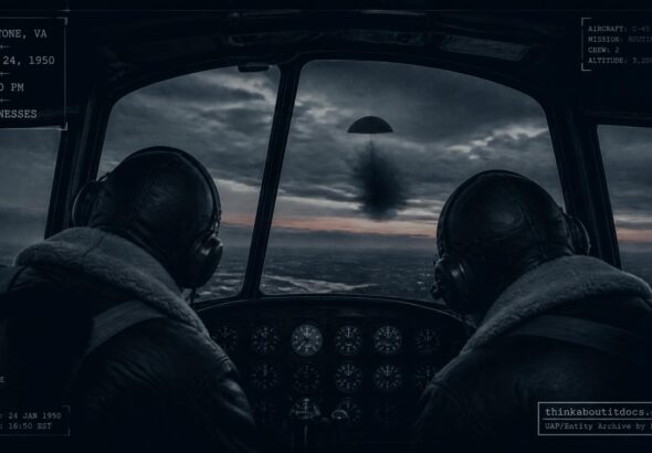 A dark hemispherical object seen from a C-45 transport aircraft cockpit near Blackstone, Virginia at dusk, January 24, 1950