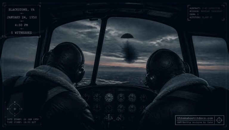 A dark hemispherical object seen from a C-45 transport aircraft cockpit near Blackstone, Virginia at dusk, January 24, 1950