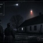 A Danish farm couple watching two glowing objects in the night sky near their farmhouse, February 18, 1950