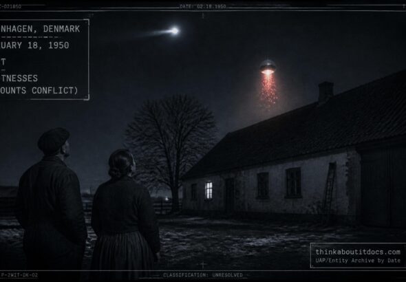 A Danish farm couple watching two glowing objects in the night sky near their farmhouse, February 18, 1950