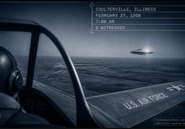 A discus-shaped metallic object seen from a PT-19 aircraft cockpit near Coulterville, Illinois, February 27, 1950