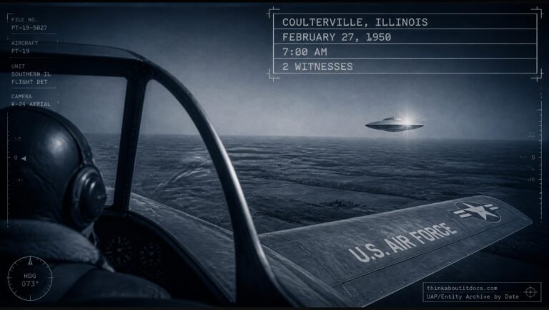 A discus-shaped metallic object seen from a PT-19 aircraft cockpit near Coulterville, Illinois, February 27, 1950