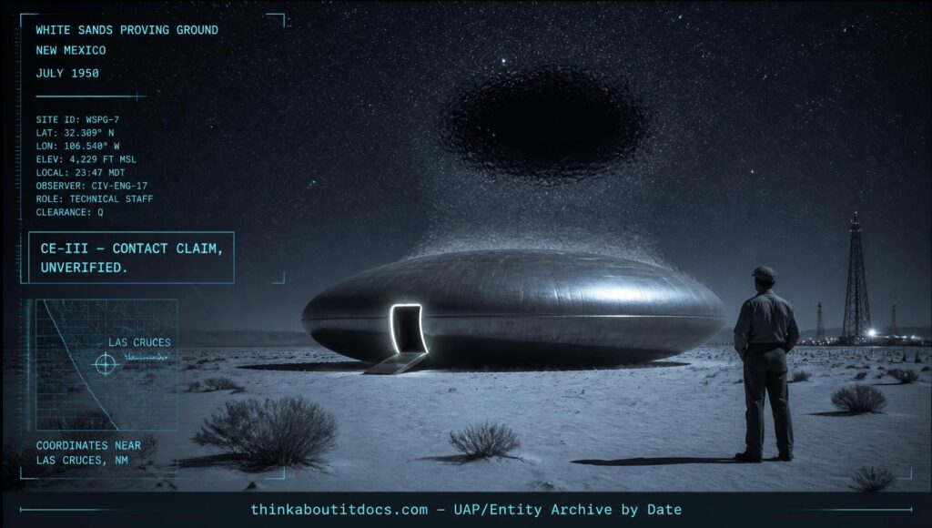 Man approaching a landed oval UFO at White Sands Proving Ground, New Mexico, July 1950