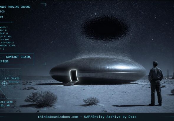 Man approaching a landed oval UFO at White Sands Proving Ground, New Mexico, July 1950