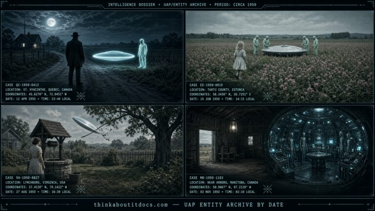 Four-panel collage of undated June 1950 UFO and entity sightings including Vassan Quebec, Estonia, and Virginia