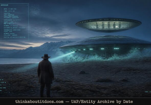 Rancher watching a landed disc-shaped UFO with humanoid occupants visible in a rotating upper craft at Lago Argentino, Patagonia, 1950