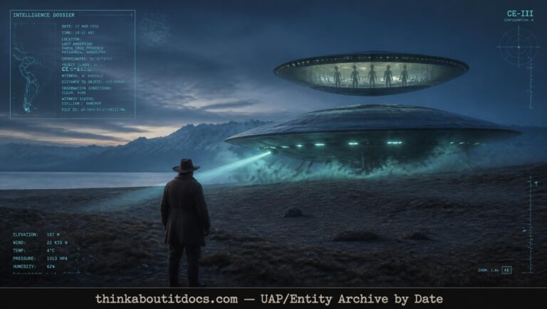 Rancher watching a landed disc-shaped UFO with humanoid occupants visible in a rotating upper craft at Lago Argentino, Patagonia, 1950