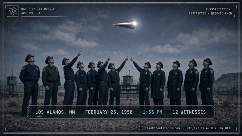 A silver, tapered cylindrical object flutters and flashes over Los Alamos, New Mexico, watched by twelve security inspectors, February 25, 1950
