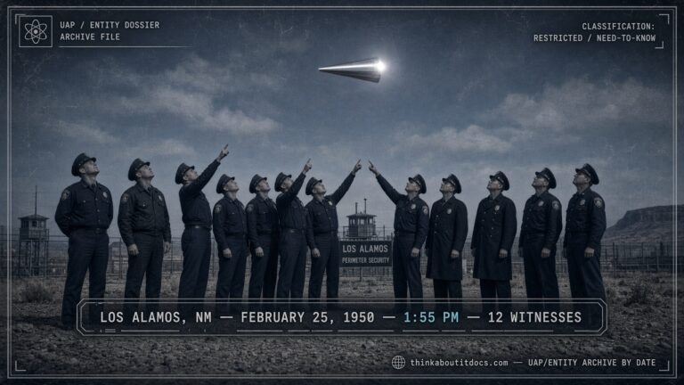 A silver, tapered cylindrical object flutters and flashes over Los Alamos, New Mexico, watched by twelve security inspectors, February 25, 1950