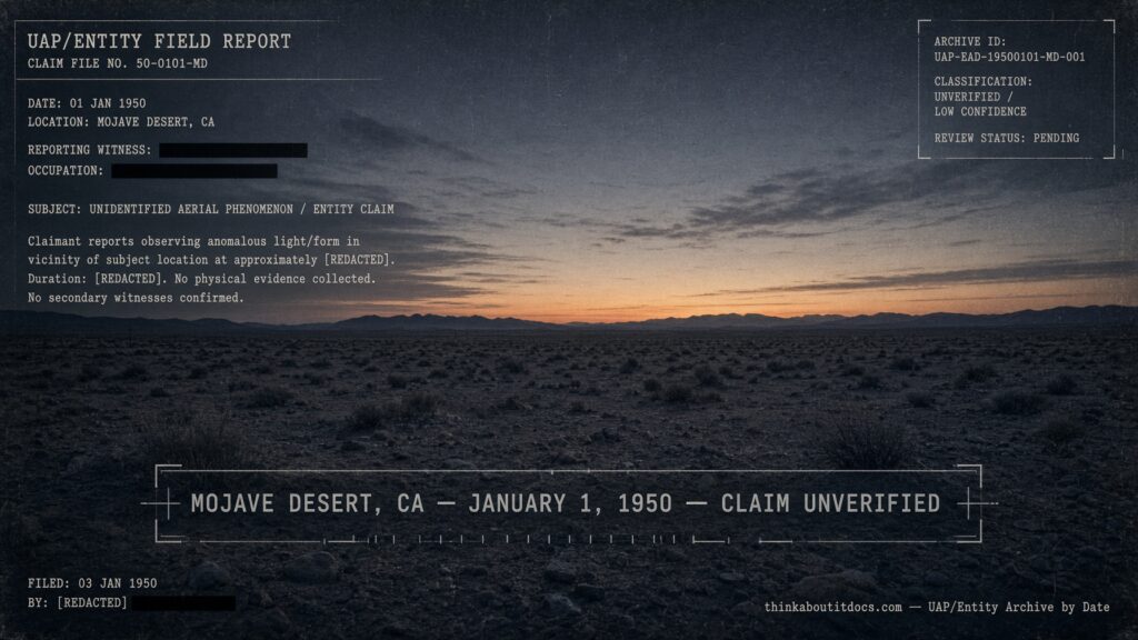 An empty Mojave Desert landscape at dawn overlaid with a faded, redacted typewritten document, representing an unverified 1950 crash claim