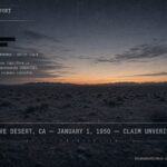 An empty Mojave Desert landscape at dawn overlaid with a faded, redacted typewritten document, representing an unverified 1950 crash claim