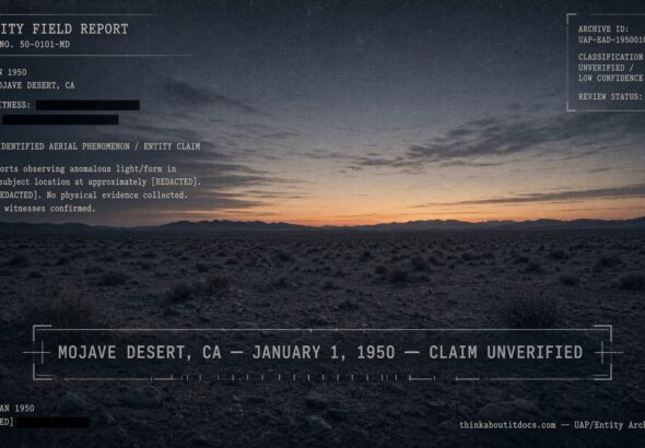 An empty Mojave Desert landscape at dawn overlaid with a faded, redacted typewritten document, representing an unverified 1950 crash claim
