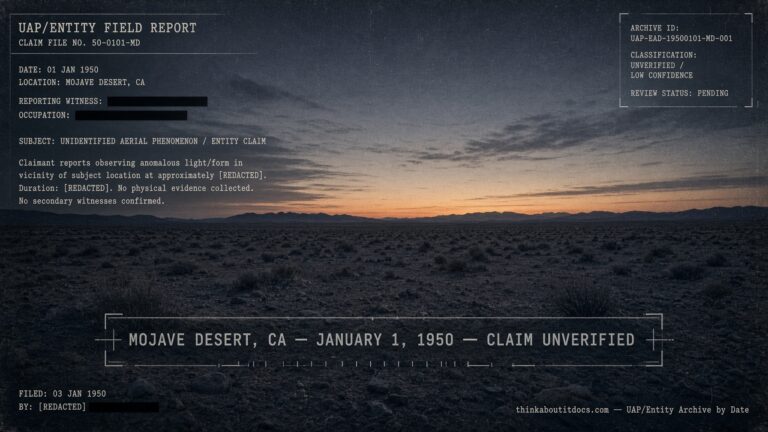 An empty Mojave Desert landscape at dawn overlaid with a faded, redacted typewritten document, representing an unverified 1950 crash claim