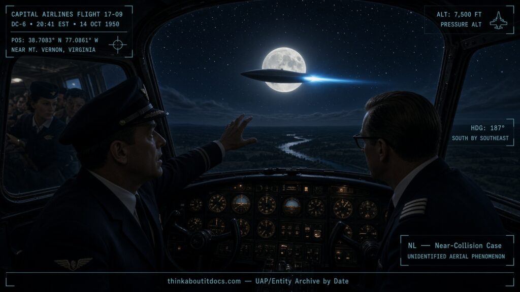 DC-6 airliner crew watching a spindle-shaped UFO cross in front of the moon near Mt. Vernon, Virginia, May 1950