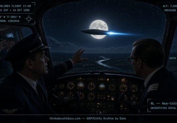 DC-6 airliner crew watching a spindle-shaped UFO cross in front of the moon near Mt. Vernon, Virginia, May 1950