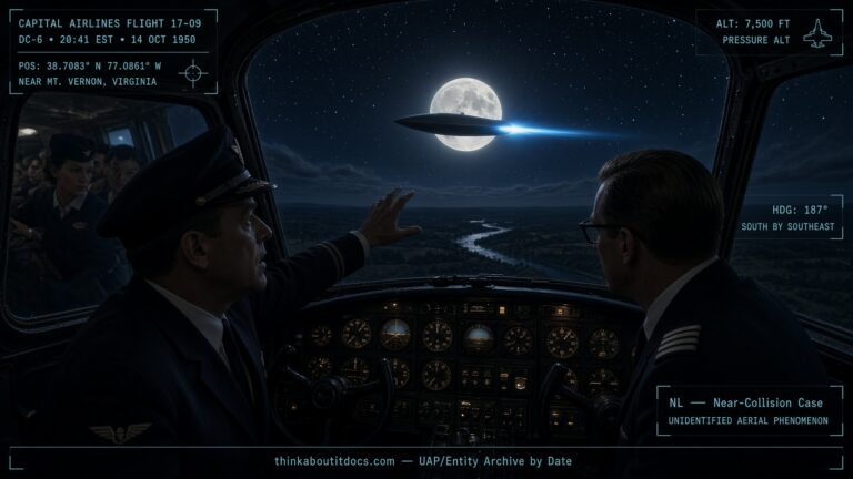 DC-6 airliner crew watching a spindle-shaped UFO cross in front of the moon near Mt. Vernon, Virginia, May 1950