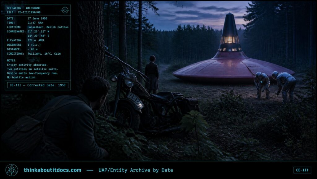 Oscar Linke observing two suited figures beside a landed pink disc near Hasselbach, East Germany, June 1950