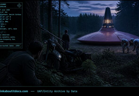 Oscar Linke observing two suited figures beside a landed pink disc near Hasselbach, East Germany, June 1950
