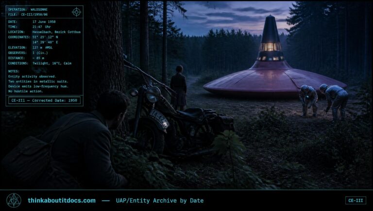 Oscar Linke observing two suited figures beside a landed pink disc near Hasselbach, East Germany, June 1950