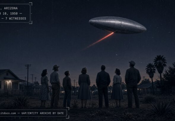 A large aluminum-colored ovoid object hovering at high altitude over Phoenix, Arizona at dusk, March 10, 1950