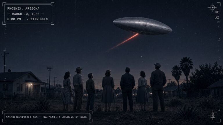 A large aluminum-colored ovoid object hovering at high altitude over Phoenix, Arizona at dusk, March 10, 1950