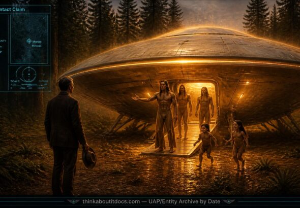 Man approaching a glowing saucer-shaped craft with Venusian humanoid occupants in a Washington forest clearing, 1950