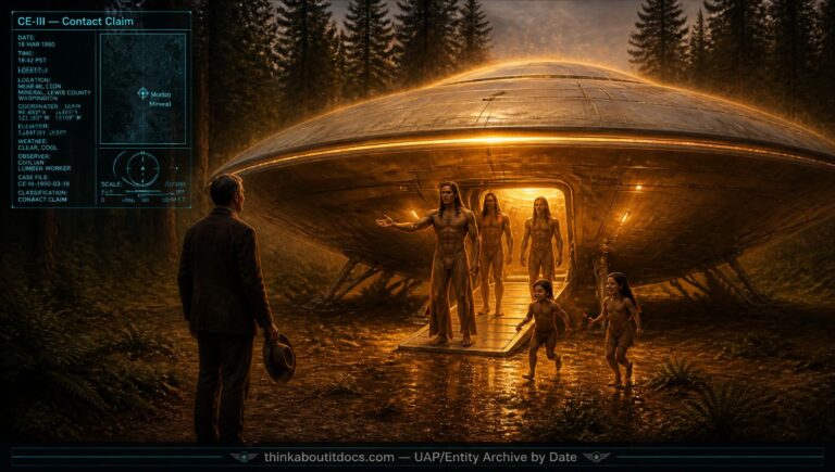 Man approaching a glowing saucer-shaped craft with Venusian humanoid occupants in a Washington forest clearing, 1950