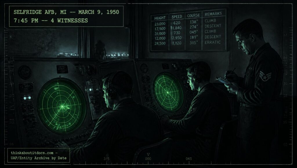 Radar operators tracking an erratic target over Selfridge AFB, Michigan at night, March 9, 1950